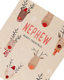 Nephew Christmas greeting card with reindeer red foil design, UK Greetings holiday card featuring festive winter imagery.