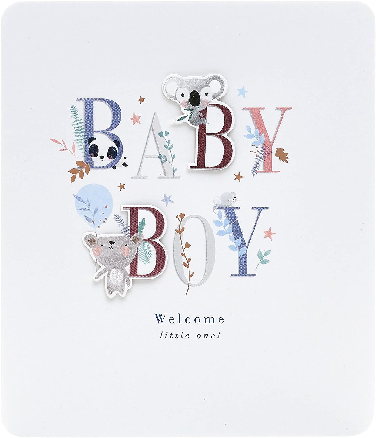 Cute baby boy greeting card with letter design by UK Greetings, featuring soft pastel colors and adorable baby-themed illustrations.