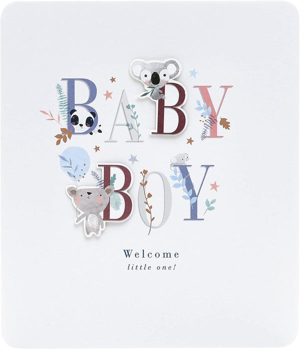 Cute baby boy greeting card with letter design by UK Greetings, featuring soft pastel colors and adorable baby-themed illustrations.
