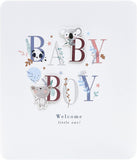 Cute baby boy greeting card with letter design by UK Greetings, featuring soft pastel colors and adorable baby-themed illustrations.