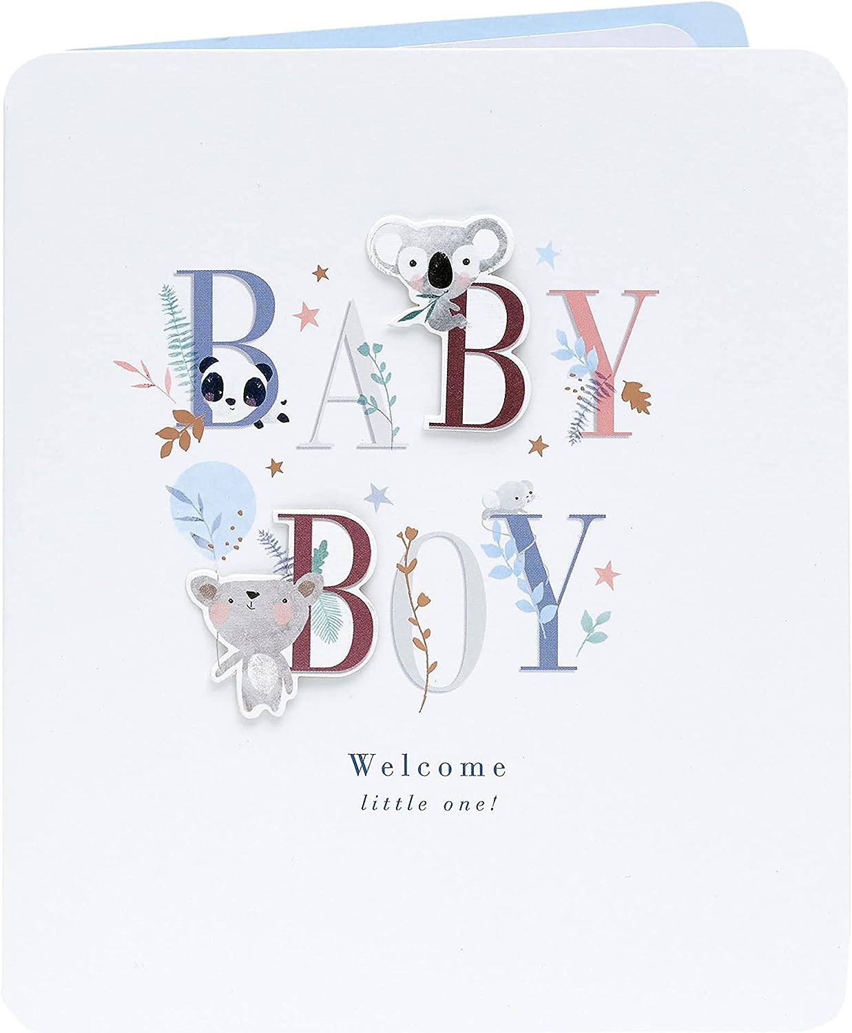 Cute baby boy greeting card with letter design from UK Greetings, featuring a charming and colorful illustration for new baby celebrations.