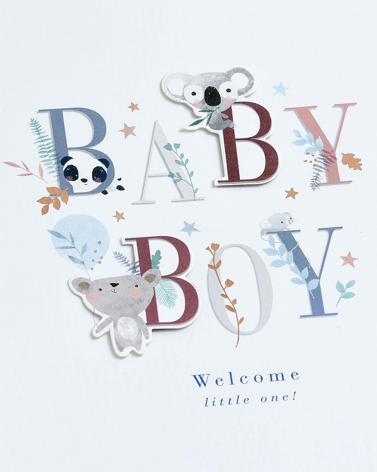 Cute baby boy greeting card with letter design from UK Greetings, featuring adorable pastel illustrations and playful typography.