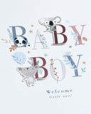 Cute baby boy greeting card with letter design from UK Greetings, featuring adorable pastel illustrations and playful typography.