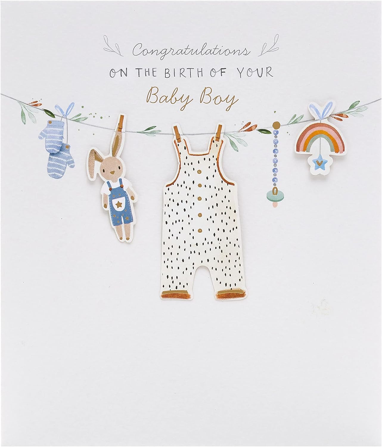 New baby boy greeting card featuring a washing line design, perfect for celebrating a recent arrival. UK Greetings card.