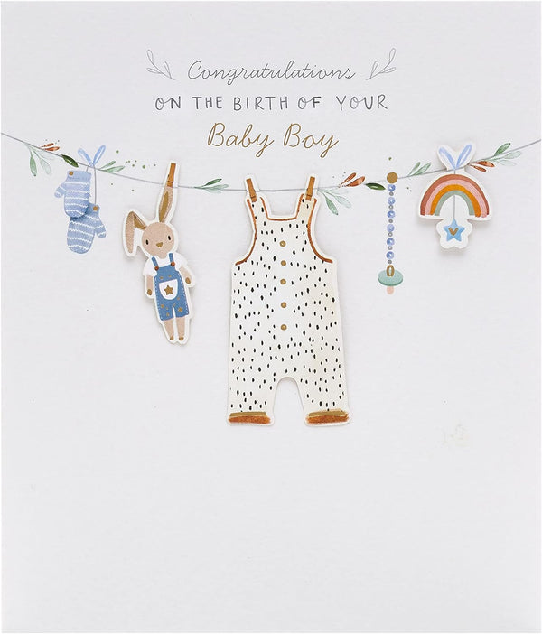 New baby boy greeting card featuring a washing line design, perfect for celebrating a recent arrival. UK Greetings card.