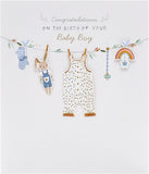 New baby boy greeting card featuring a washing line design, perfect for celebrating a recent arrival. UK Greetings card.