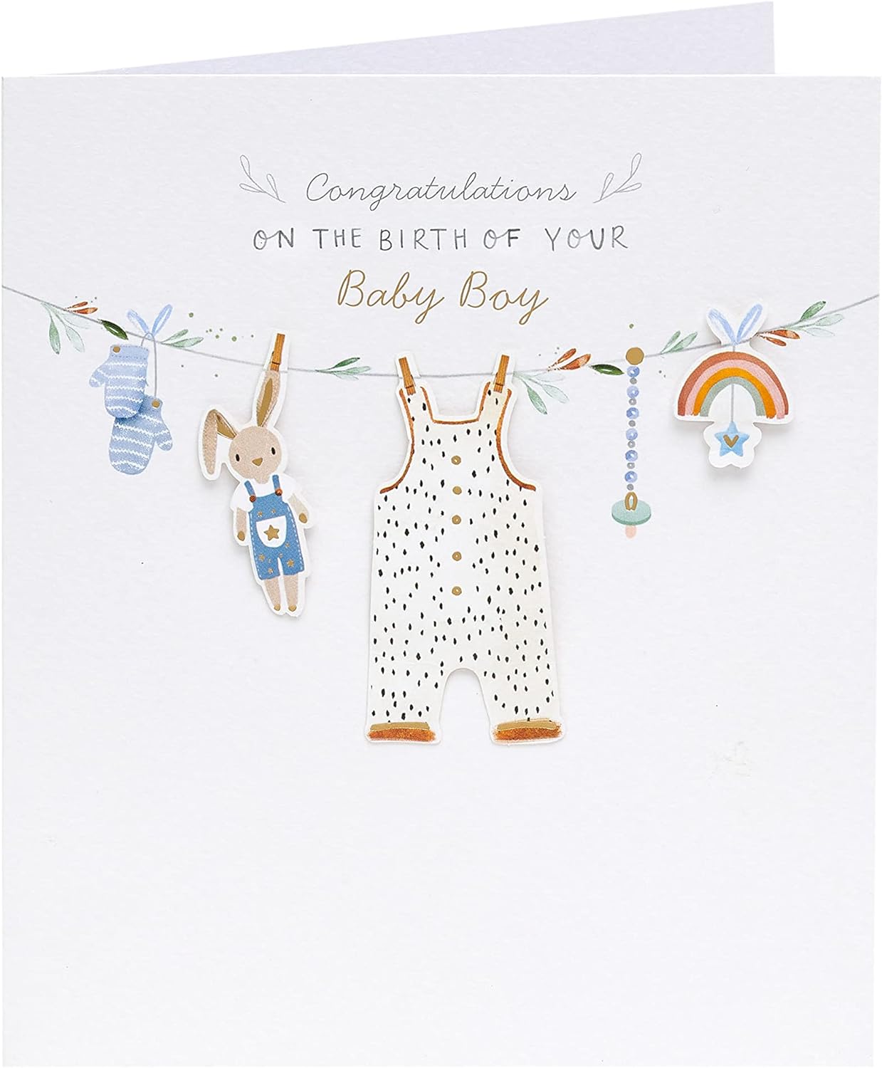 New baby boy greeting card with washing line design, featuring cute baby-themed illustrations for celebrating a new arrival.