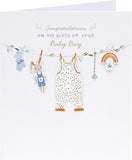 New baby boy greeting card with washing line design, featuring cute baby-themed illustrations for celebrating a new arrival.