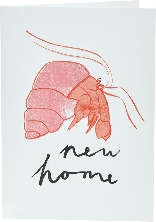 Close-up of a New Home Crab greeting card by UK Greetings, featuring colorful crab illustration and heartfelt message inside.