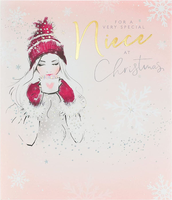Niece Christmas card featuring a charming chocolate girl design with foiled accents, from UK Greetings greeting card collection.