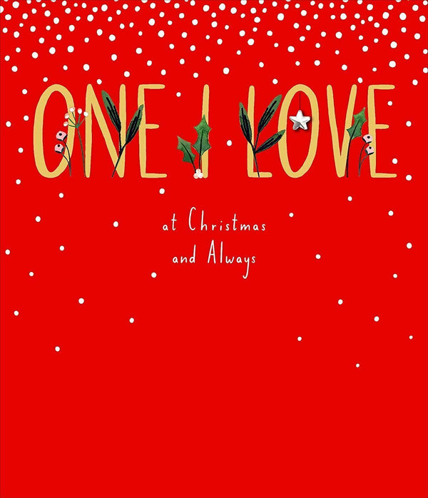 Holiday greeting card featuring festive "One I Love at Christmas" message from UK Greetings with seasonal design.