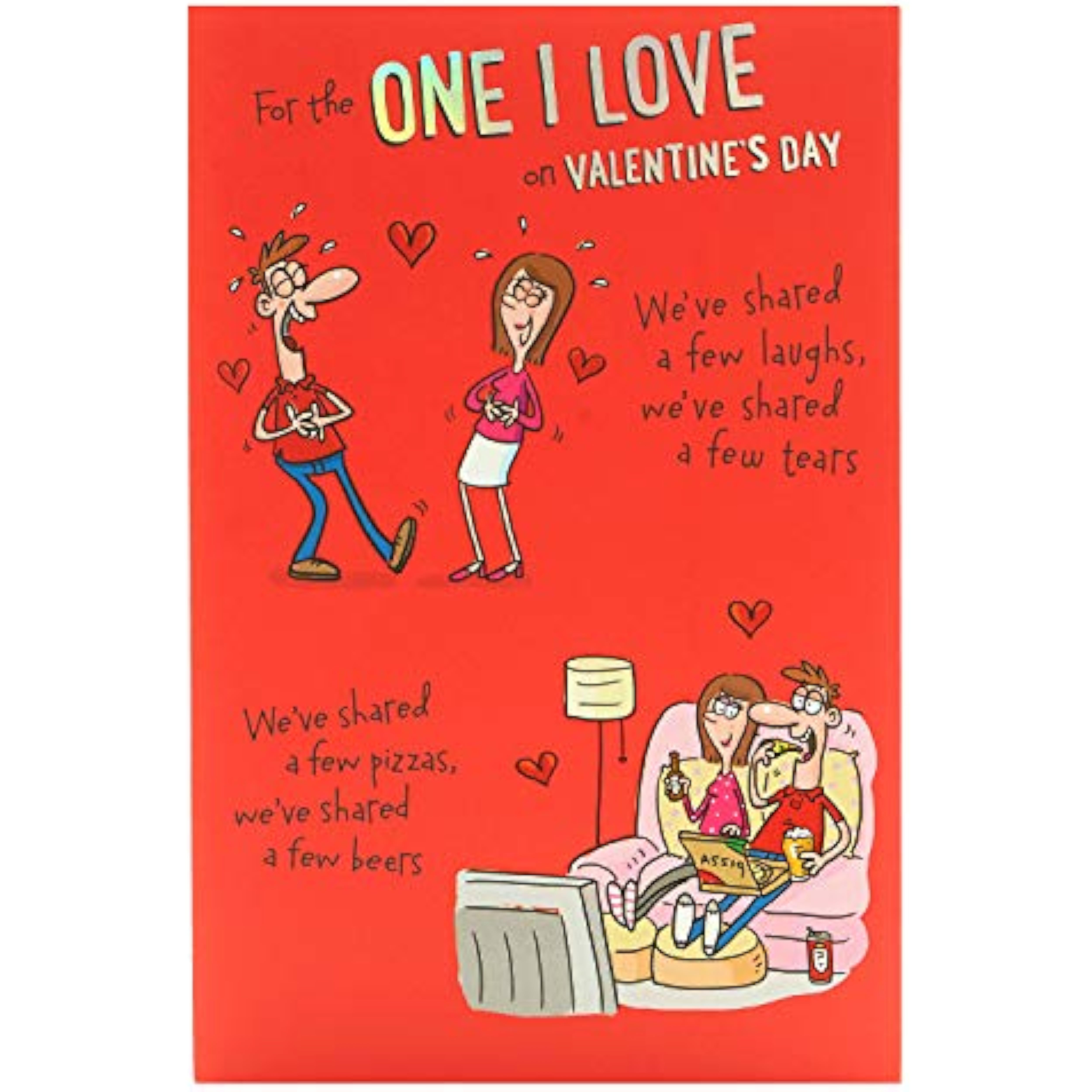 Funny Valentine's Day greeting card for him or her from UK Greetings, featuring humorous love message on a colorful card.