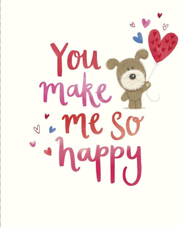 Open Valentine's Day greeting card featuring a dog holding a heart-shaped balloon with red foil finish, expressing love and happiness.