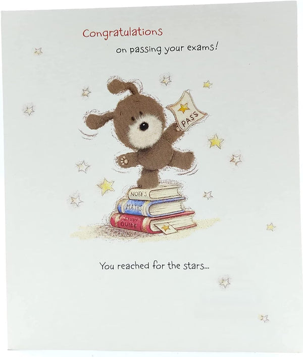 Passing Exams Congratulations Card by UK Greetings, featuring cheerful design and congratulatory message for exam success.