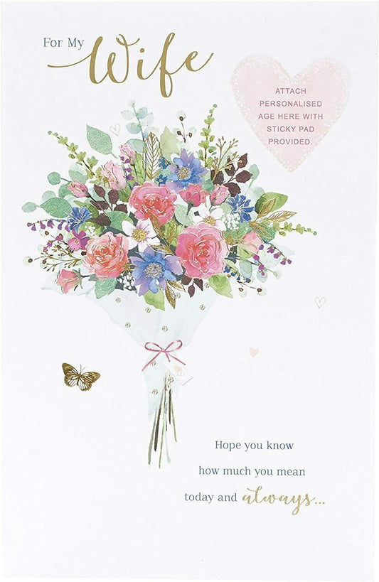 Personalized Wife Milestone Birthday Card from UK Greetings featuring colorful floral design and heartfelt message.