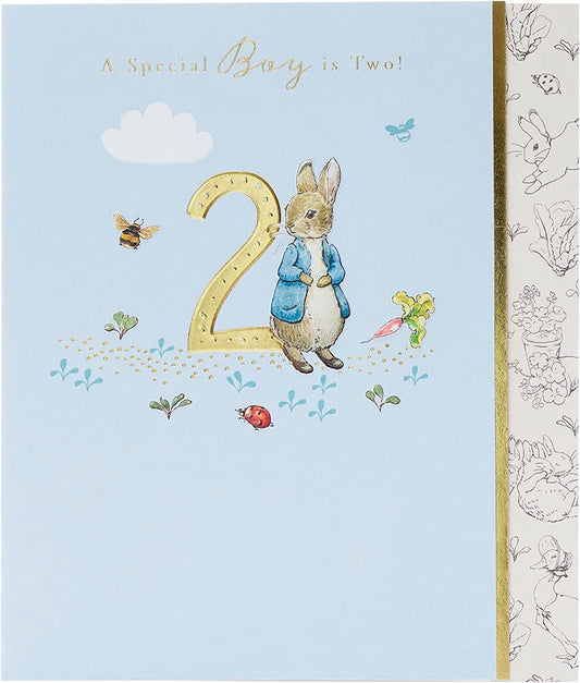 Peter Rabbit "A Special Boy Is Two!" greeting card by UK Greetings, featuring colorful illustrations of Peter Rabbit for a child's birthday.