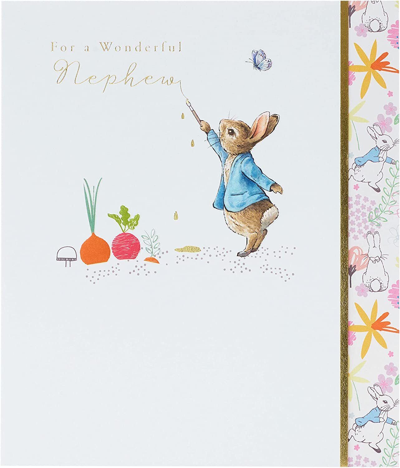 Peter Rabbit nephew birthday greeting card by UK Greetings featuring colorful illustration and gold accents on the front.