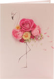 Pink floral flamingo birthday greeting card with colorful floral design and playful flamingo illustration.