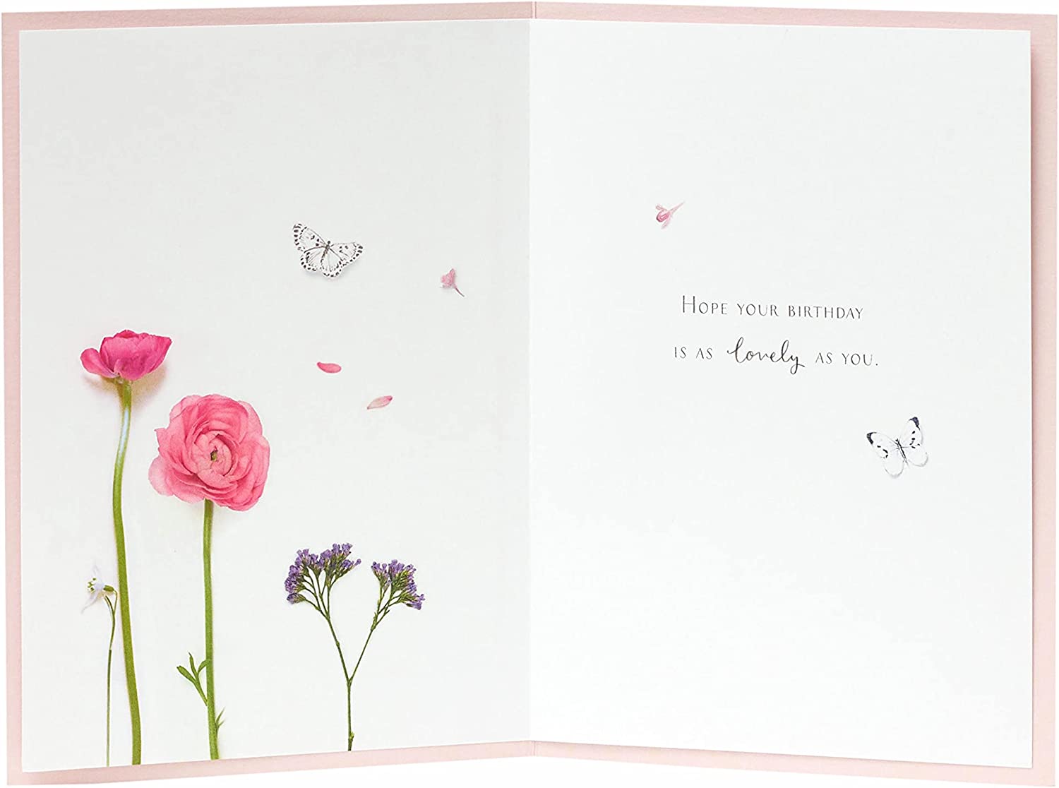 Pink floral flamingo greeting card with birthday message, featuring colorful floral and flamingo illustrations, by UK Greetings.