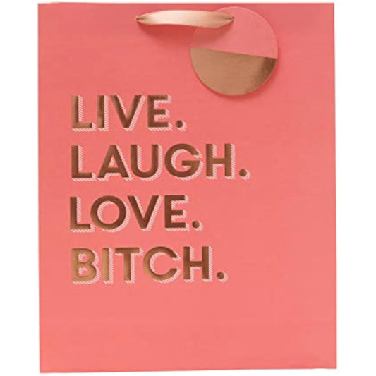 Large funny gift bag with "Live Laugh Love" quote, designed for greeting cards, by UK Greetings, featuring colorful, playful artwork.
