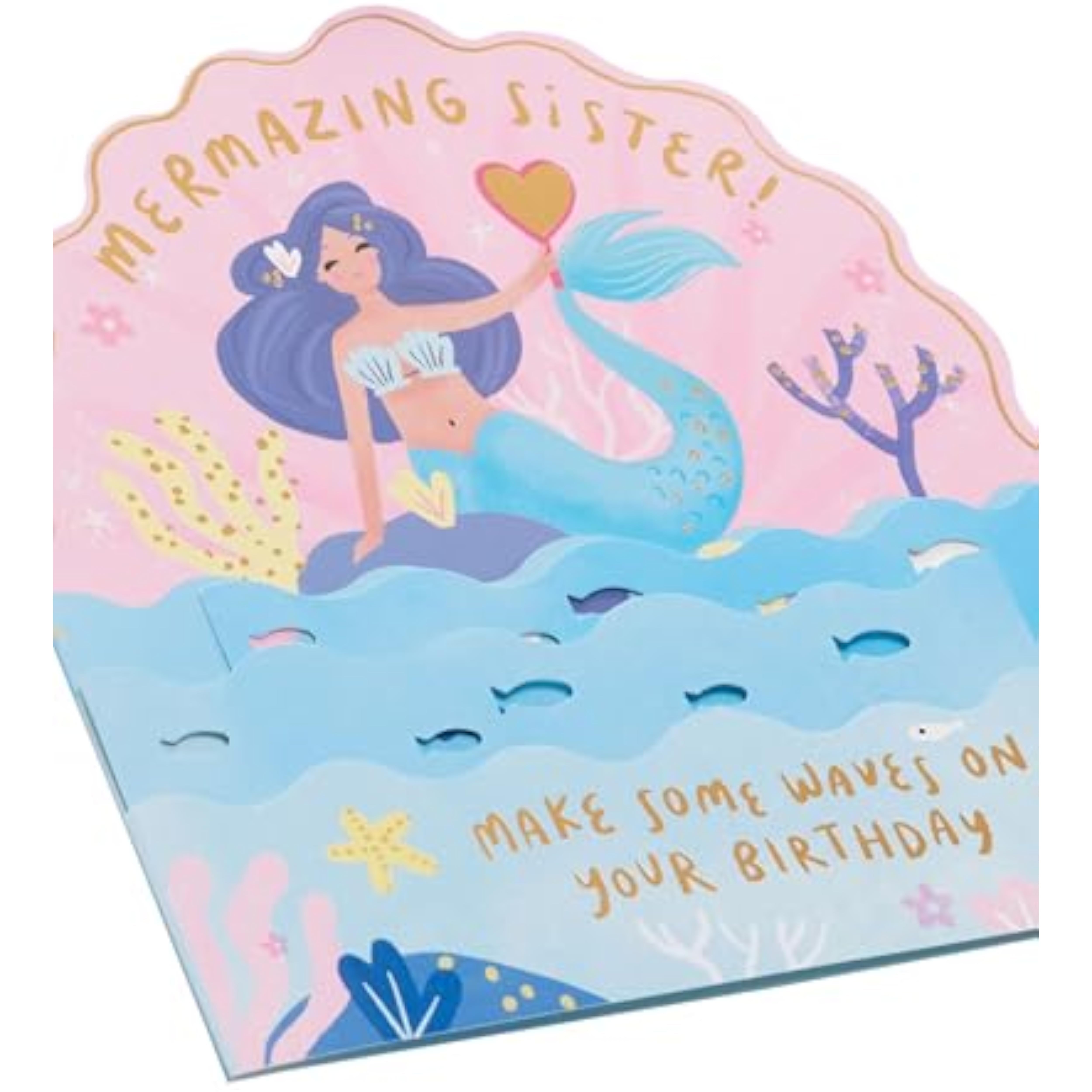 Colorful pop-up mermaid sister birthday greeting card with vibrant underwater design, perfect for celebrating a special sister.