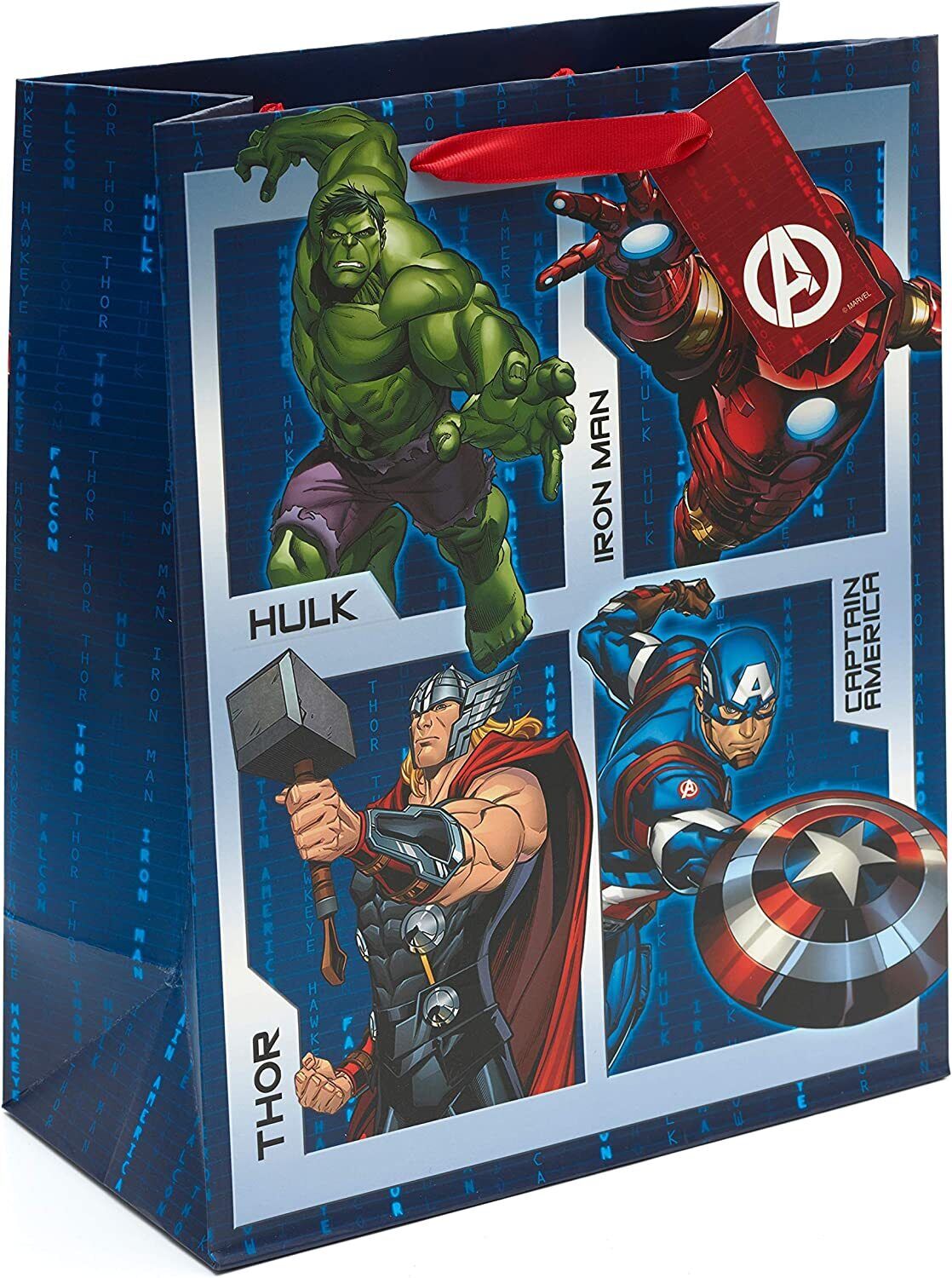 Large Avengers-themed gift bag featuring bold superhero graphics, ideal for gift-giving occasions, by UK Greetings.