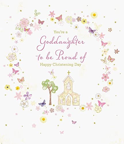 Pink Christening greeting card for a goddaughter featuring Precious Blessings and UK Greetings branding.