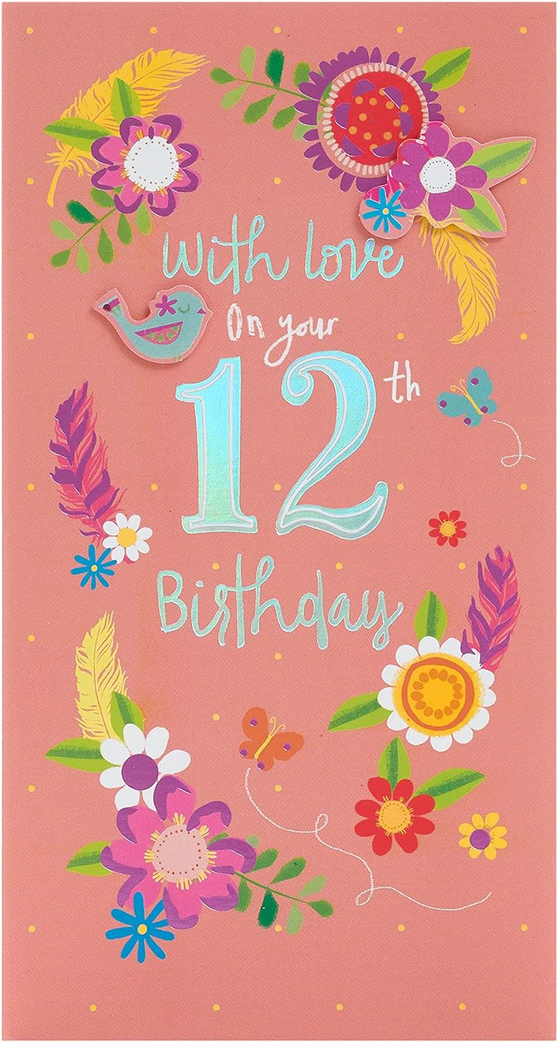 Colorful flower-themed 12th birthday girl greeting card by UK Greetings with cheerful floral design and festive message.