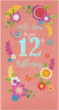 Colorful flower-themed 12th birthday girl greeting card by UK Greetings with cheerful floral design and festive message.