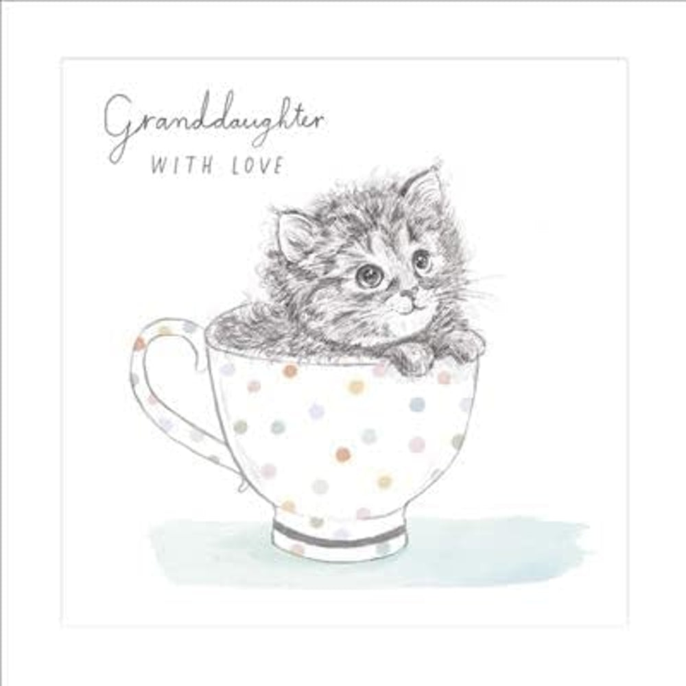 Cute kitten in a spotty teacup greeting card for granddaughter's birthday, designed by UK Greetings.