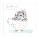 Cute kitten in a spotty teacup greeting card for granddaughter's birthday, designed by UK Greetings.