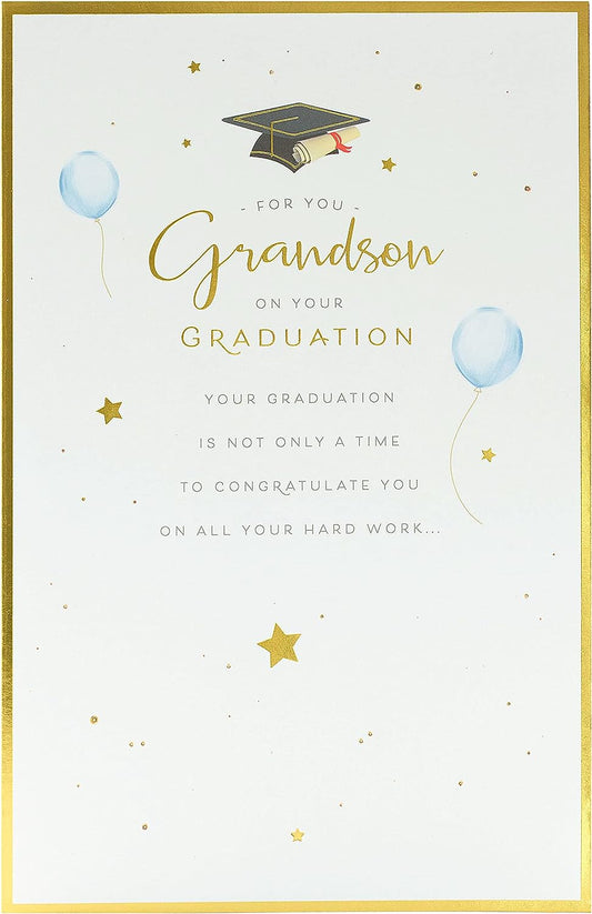 Proud Grandson graduation congratulations greeting card from UK Greetings with festive design and heartfelt message inside.