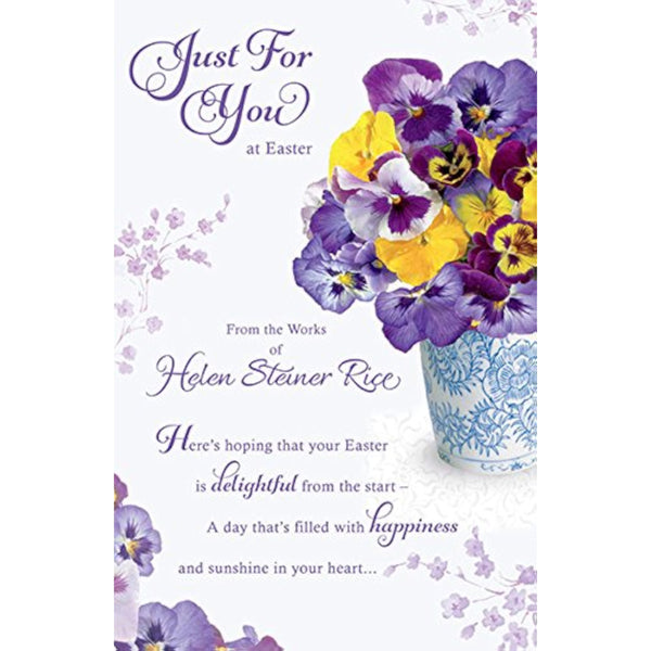 Purple flower Easter greeting card by UK Greetings featuring vibrant floral design and "Just For You" message.