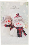 Quirky Snow Couple Tartan Christmas Card for Husband by UK Greetings showing a festive holiday greeting with snow-themed design.