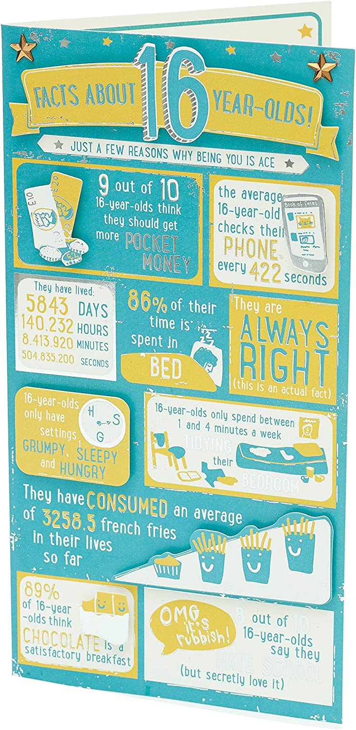 Relatable Facts 16th Boy Birthday Card by UK Greetings, featuring colorful illustrations and playful design for celebrating a teen's birthday.