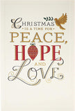 Religious Christmas greeting card with gold foil accents and "Time for Peace" message, featuring festive holiday design.