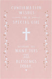 Religious confirmation greeting card for girls with copper foil accents, featuring religious symbols and elegant design.