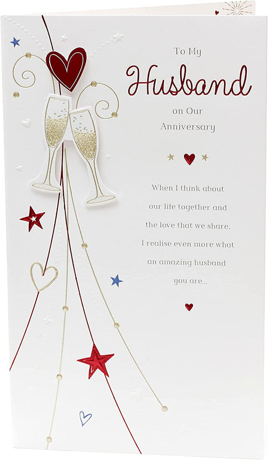 Romantic husband anniversary greeting card from UK Greetings featuring heartfelt message and love-themed design.