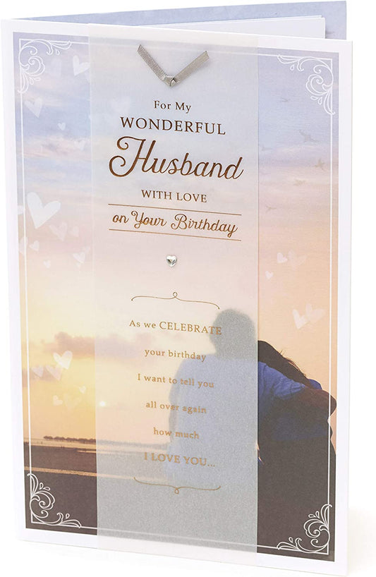 Romantic husband birthday greeting card by UK Greetings featuring lovely words and a decorative gem design.