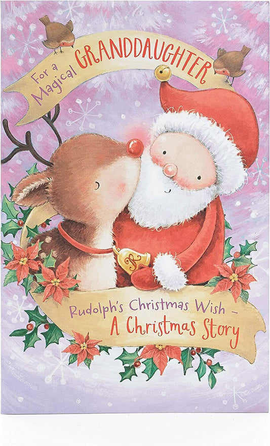 Rudolph and Santa storybook Christmas greeting card for granddaughter, featuring festive holiday illustrations by UK Greetings.