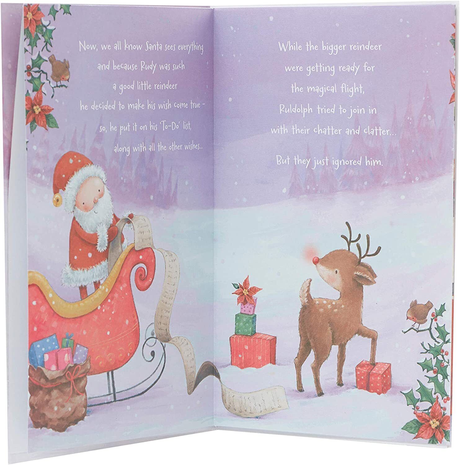 Rudolph and Santa storybook Christmas greeting card for granddaughter by UK Greetings, featuring festive holiday illustrations.
