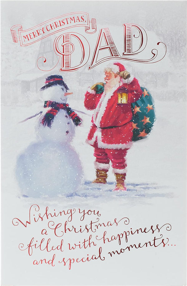 Festive Santa and Snowman Dad Christmas greeting card with red foil and glitter from UK Greetings