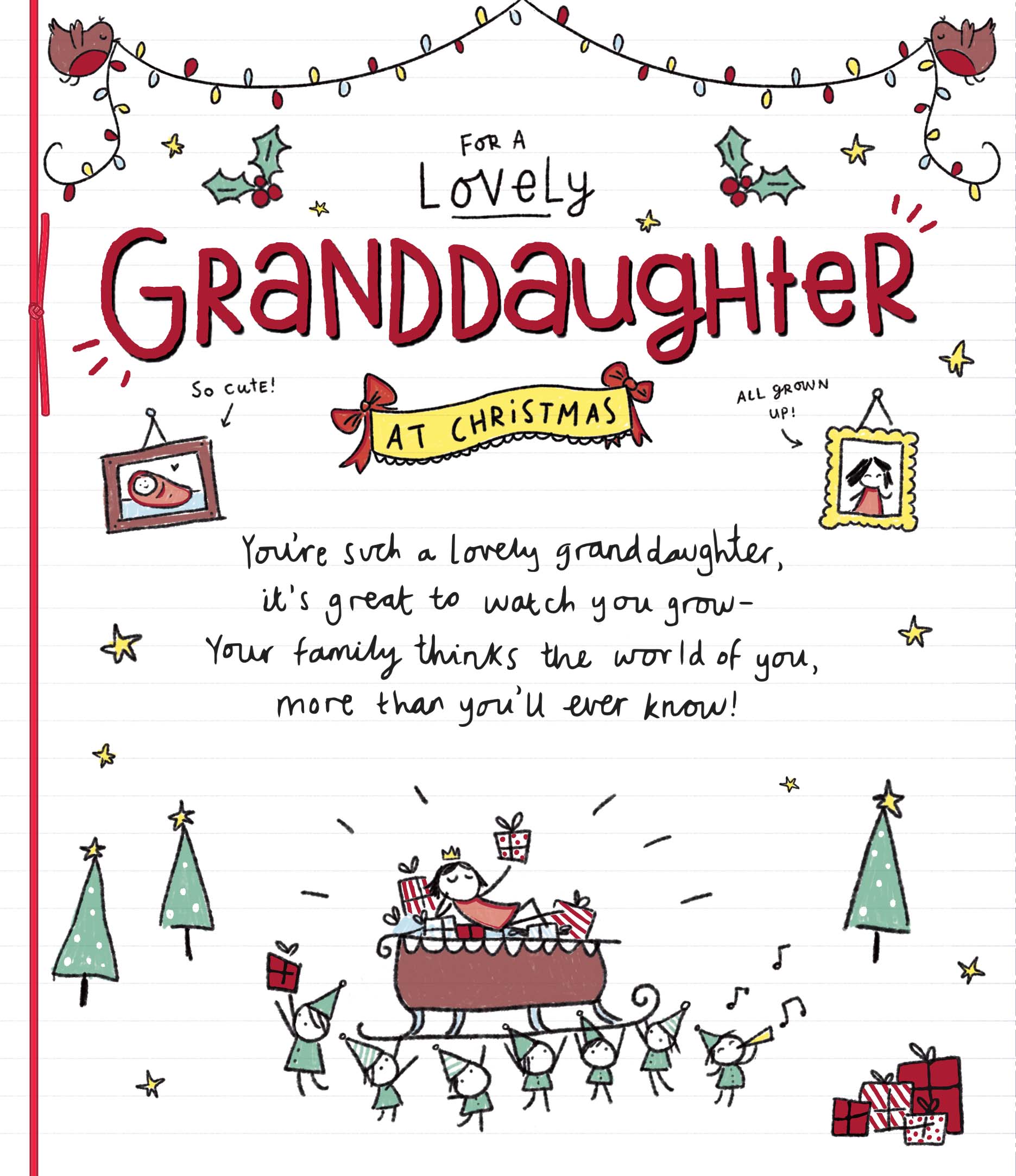 Magical Christmas greeting card featuring Santa’s sleigh for granddaughter, by UK Greetings, with festive holiday illustrations.