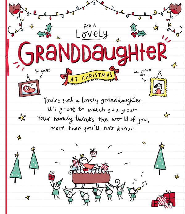 Magical Christmas greeting card featuring Santa’s sleigh for granddaughter, by UK Greetings, with festive holiday illustrations.