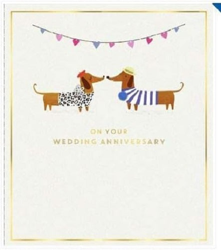 Sausage Dogs Anniversary Love Card by UK Greetings featuring adorable cartoon dachshunds with hearts and romantic message.