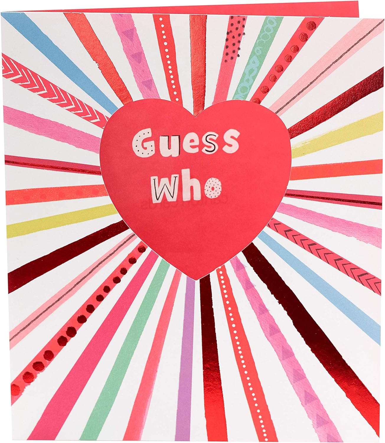 Valentine's greeting card featuring "Secret Admirer Guess Who?" design from UK Greetings, with colorful, playful imagery.