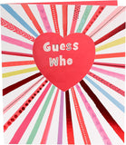 Valentine's greeting card featuring "Secret Admirer Guess Who?" design from UK Greetings, with colorful, playful imagery.