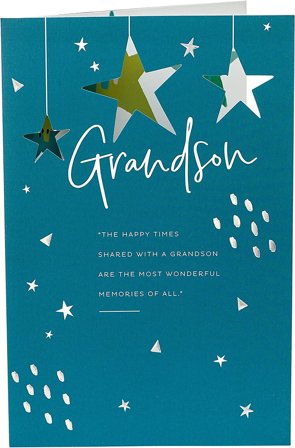 Sentimental grandson birthday greeting card with star illustrations from UK Greetings, featuring heartfelt message and colorful design.