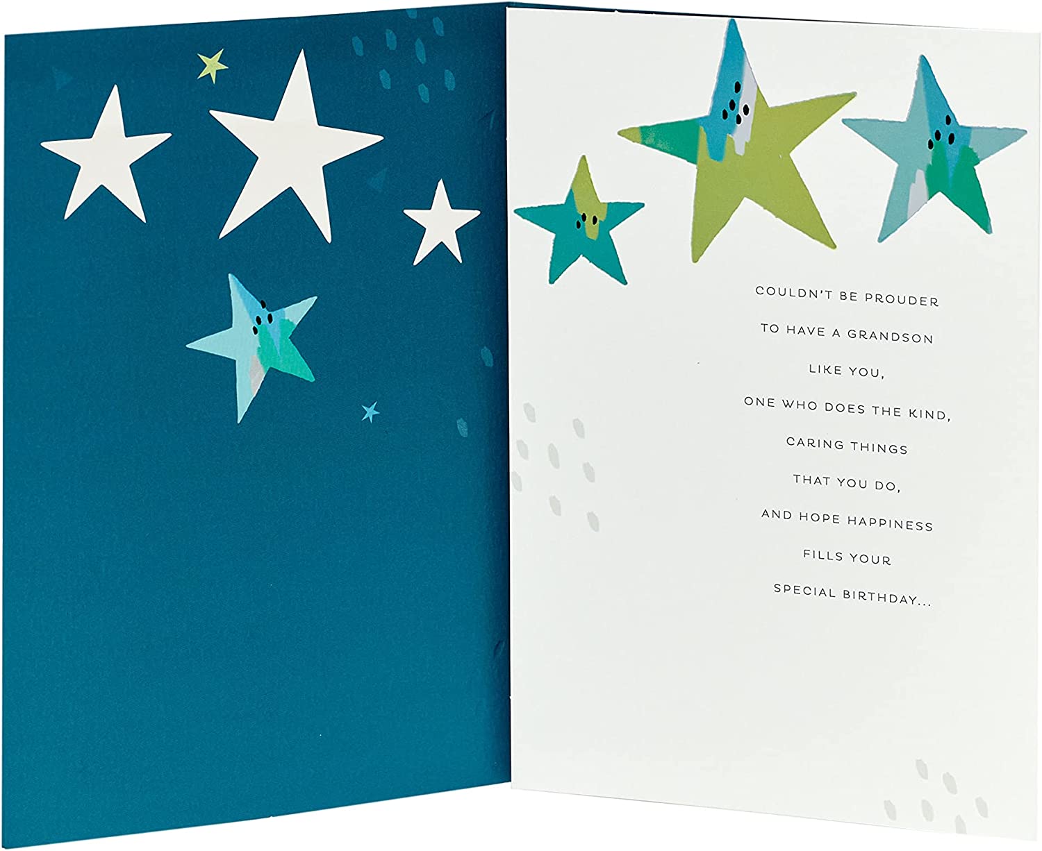Sentimental grandson birthday greeting card with star illustrations from UK Greetings, featuring heartfelt message and colorful design.