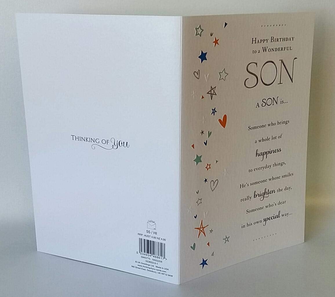 Sentimental Son birthday greeting card with loving verse, featuring colorful floral design and heartfelt message from UK Greetings.